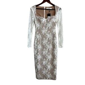 ELLIATT Midi Dress Size XS BOTTLEBRUSH Lace White Nude LONG SLEEVE Bodycon NEW